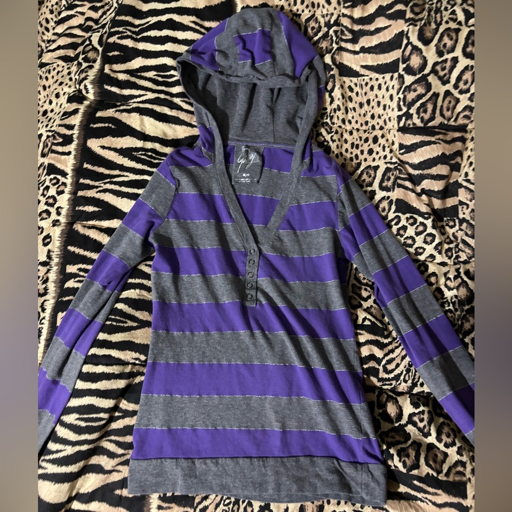 Y2K Striped Hooded Long Sleeve Henley Top